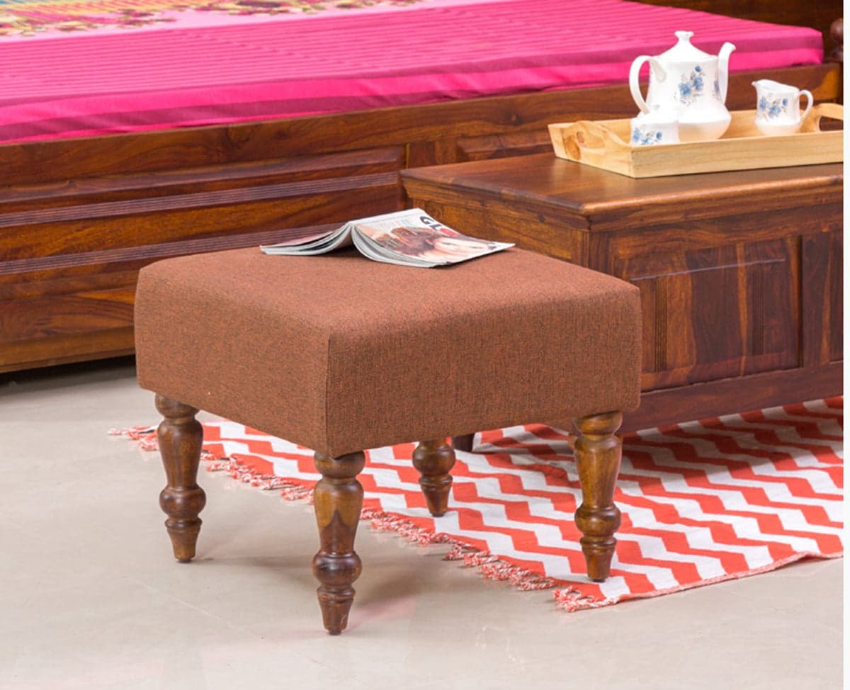 Calgary Solid Wood Pouffe Stool - (Kapasi Brown Finish) by Furniselan