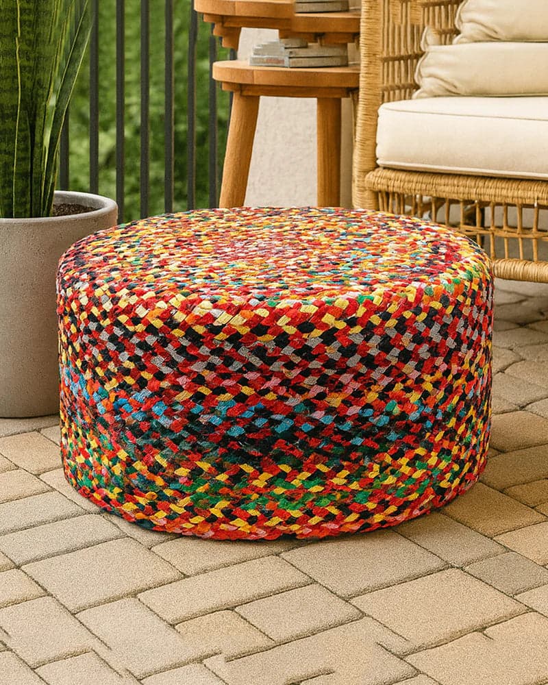 Handwoven Jute Round Pouffe in Multicolor for Living Room by Haber India