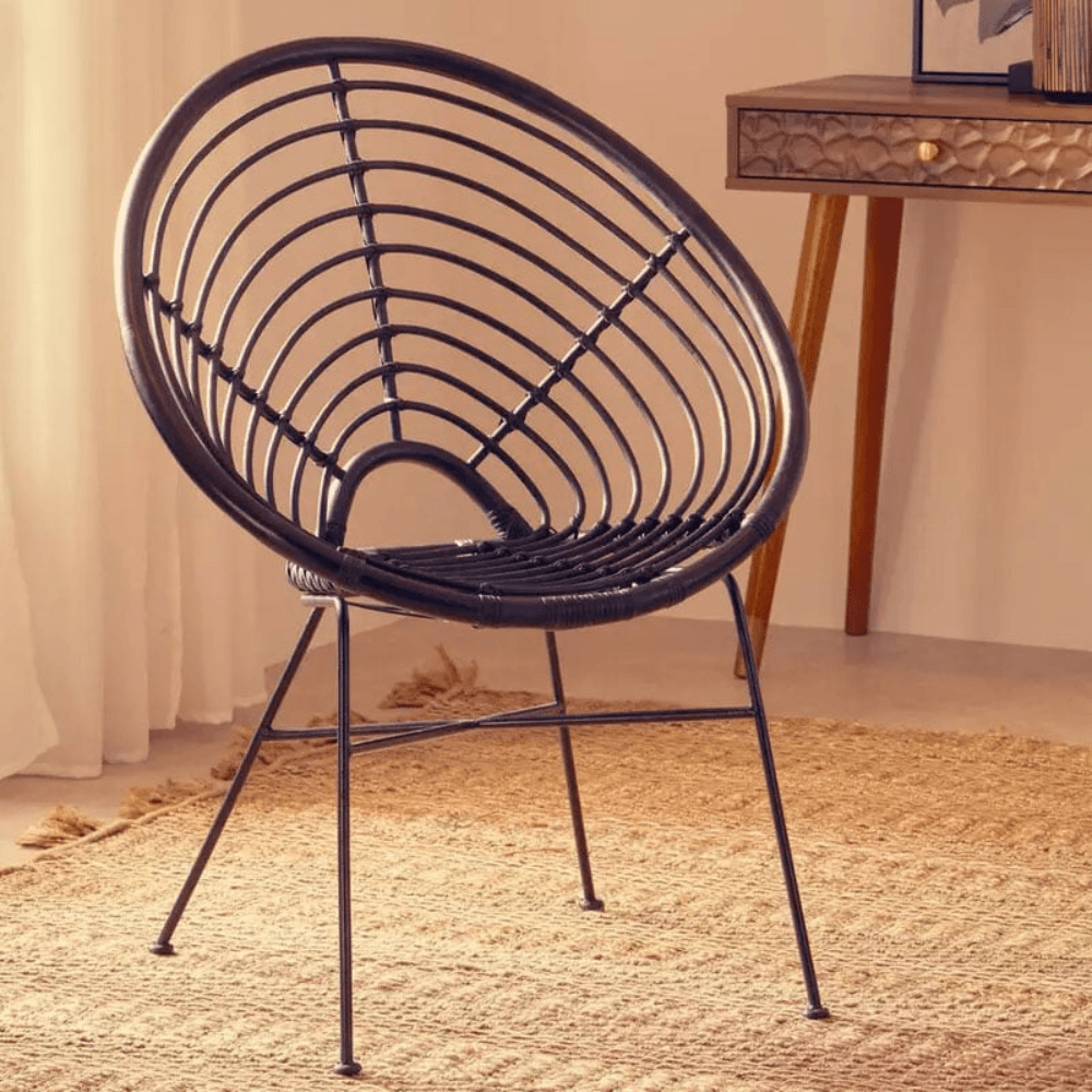 Boho Black Rattan And Black Metal Accent Chair by East India Furniture
