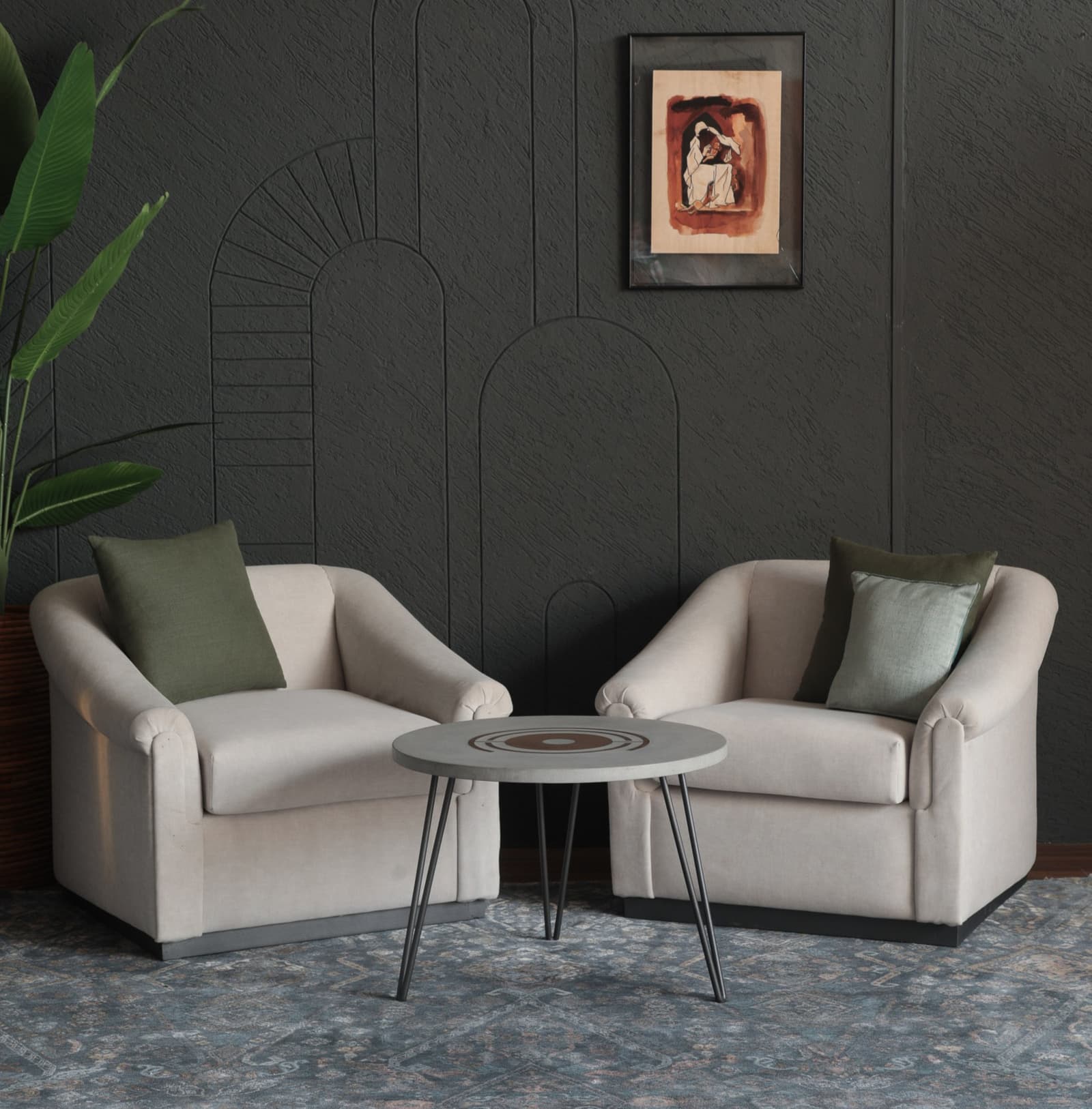 Concrete Furniture : Concrete Circular Coffee Table- Modern Brass Inlay Artwork by Vakr