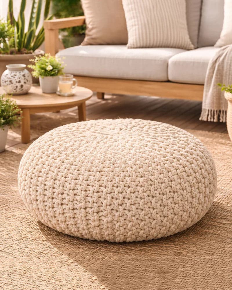 Handwoven Jute Round Pouffe in White for Living Room and Bedroom by Haber India